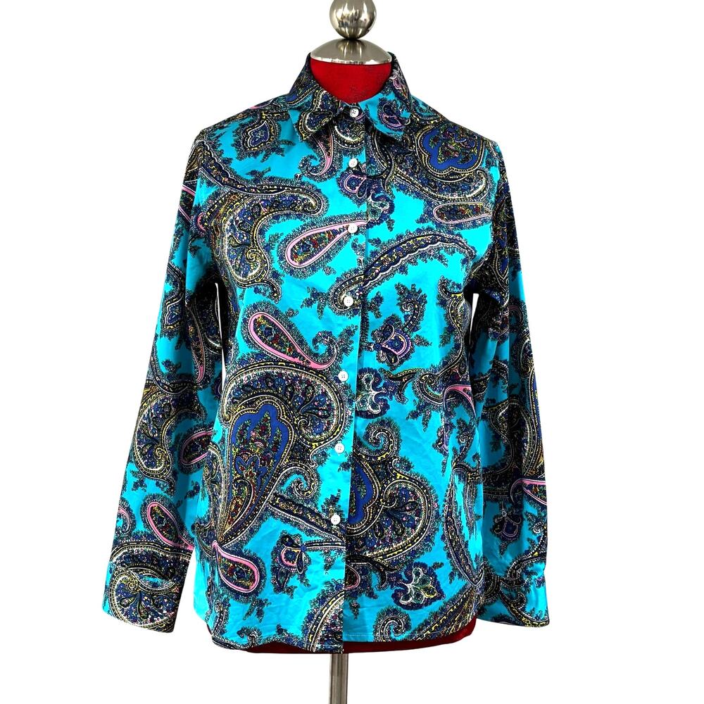 Talbots blue paisley long sleeve blouse button front top ladies size S petites